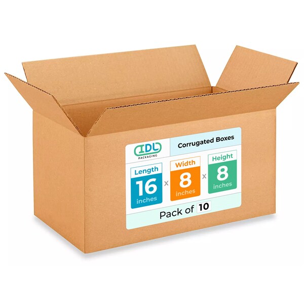 Idl Packaging 16 in x 8 in x 8 in Shipping Box, Kraft, Corrugate, Single Wall, 200#, 10 PK B-1688-10 - main